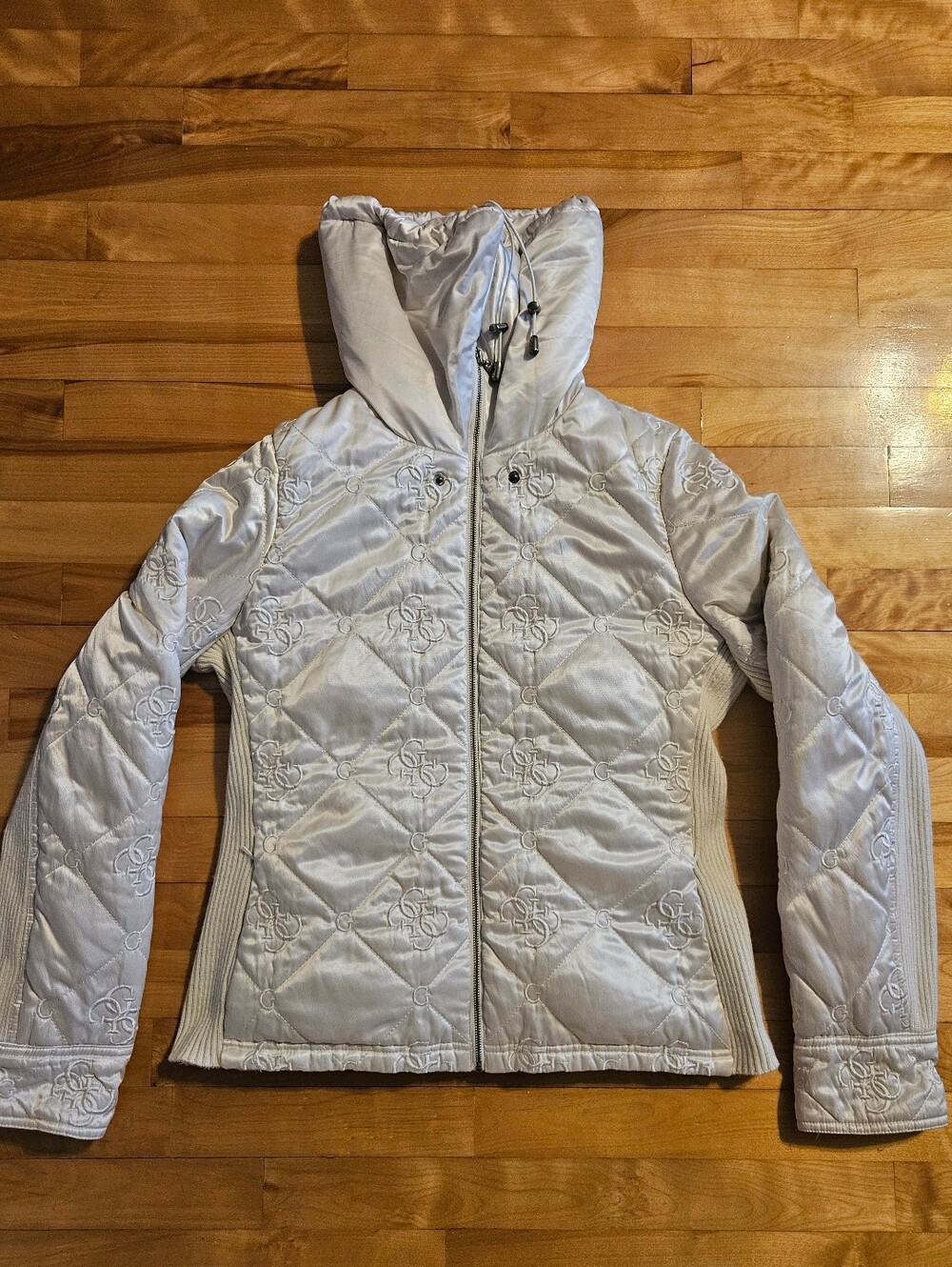 Guess Ivory White Puffer Funnel Neck Sweater Jacket Size L